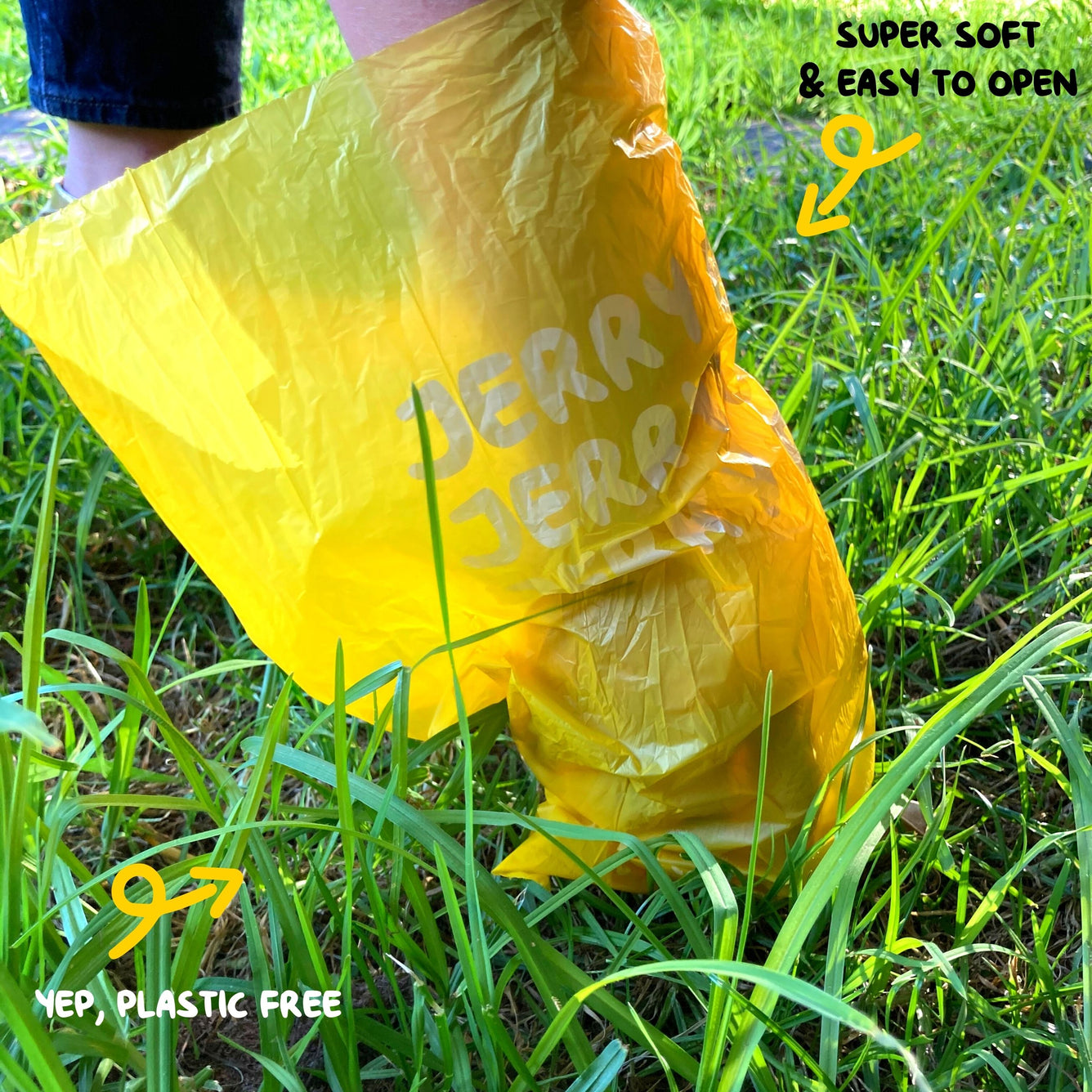 Yellow Jerry Bags in Grass dog poop bags compostable biodegradable kitty litter bag