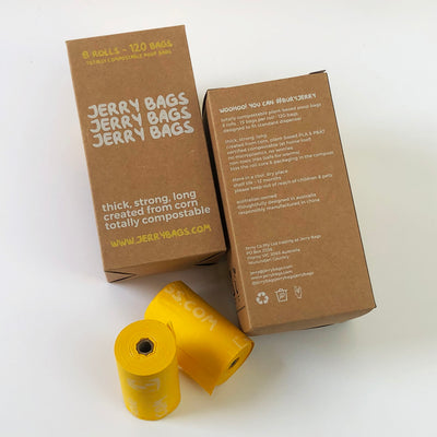 jerry bags compostable poop bags front back yellow rolls